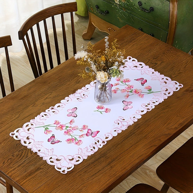 1PC Embroidery Hollow Design Tablecloth - Exquisite Flowers Printed Table Cover - For Dining Table & Party Picnic Decoration - Suitable for Garden & Indoor Use - Perfect Gift for Housewarming & Special Occasions