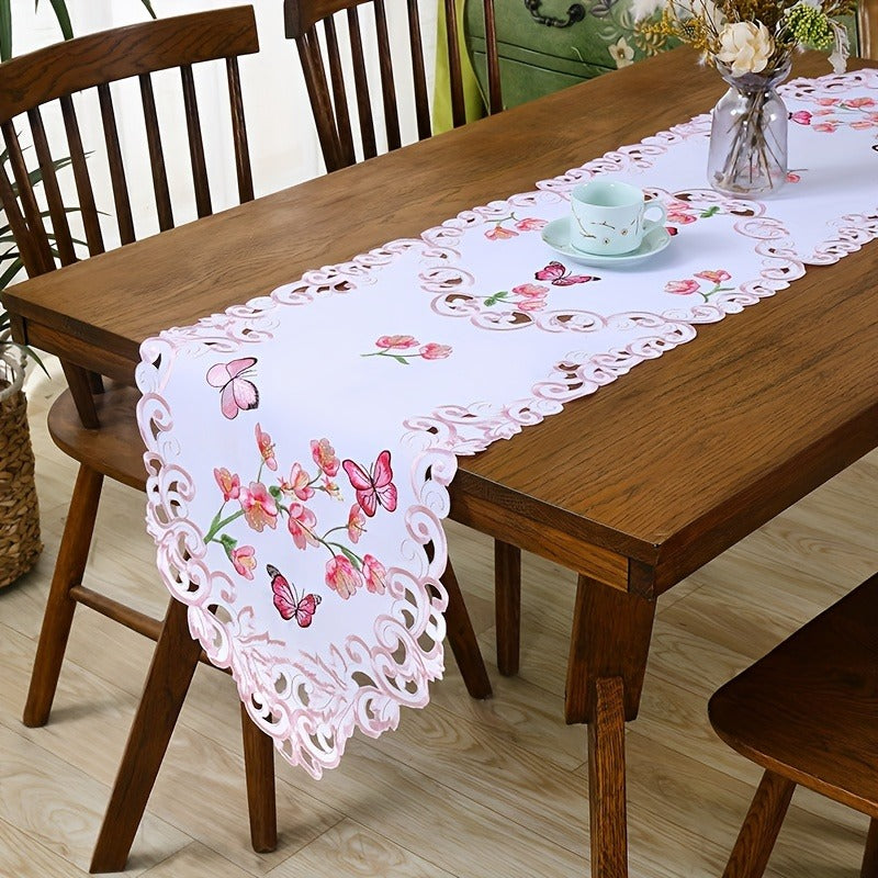 1PC Embroidery Hollow Design Tablecloth - Exquisite Flowers Printed Table Cover - For Dining Table & Party Picnic Decoration - Suitable for Garden & Indoor Use - Perfect Gift for Housewarming & Special Occasions