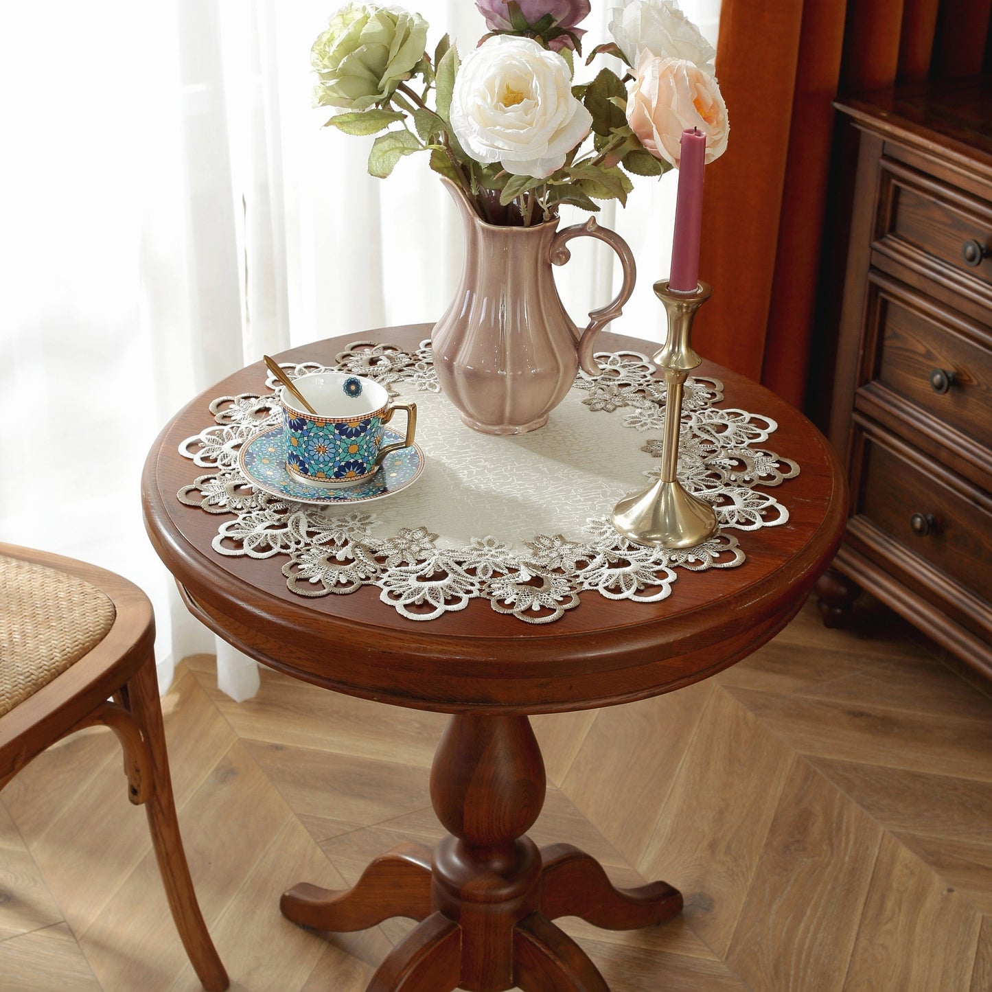 Elegant Beige & Coffee Lace Tablecloth - Polyester, Perfect for Kitchen, Living Room, Bedroom Decor | Ideal for Picnics, Parties, Weddings | 15.7" x 19.7" x 23.6" Sizes Available