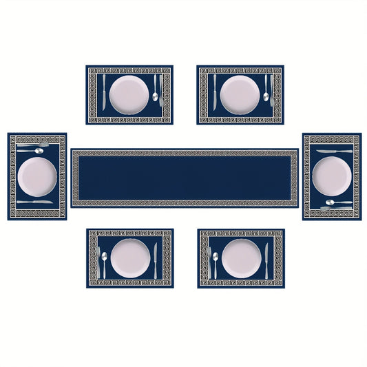 A Set of Geometric Greek Key Design Tablecloth And Placemats, Suitable for Dining Tables in Restaurants, Navy Blue Washable Table Mats, Kitchen Decor.