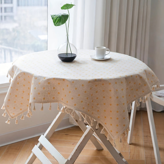 Yellow Chrysanthemum Tablecloth with Tassels, Square Pattern for Cabinets and Dining Tables as well as Coffee Tables