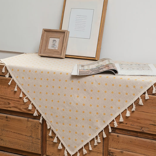 Yellow Chrysanthemum Tablecloth with Tassels, Square Pattern for Cabinets and Dining Tables as well as Coffee Tables