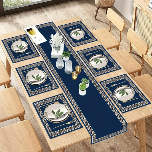 A Set of Geometric Greek Key Design Tablecloth And Placemats, Suitable for Dining Tables in Restaurants, Navy Blue Washable Table Mats, Kitchen Decor.